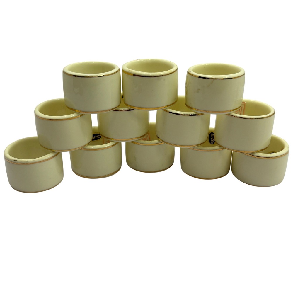 Audrey Bone China Napkin Rings Set of 12 Ivory Cream with‎ Gold Trim Vintage